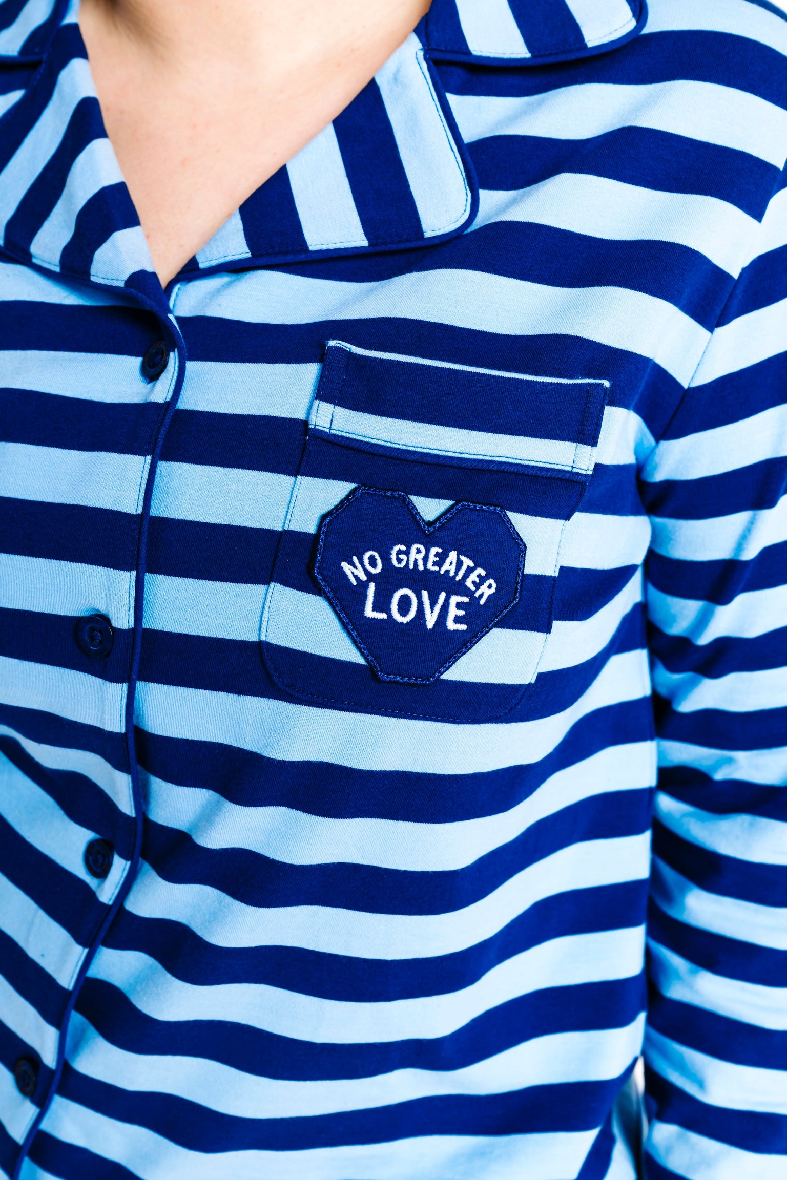 No Greater Love Blue Womens PJ Notch Collar Set Cotton