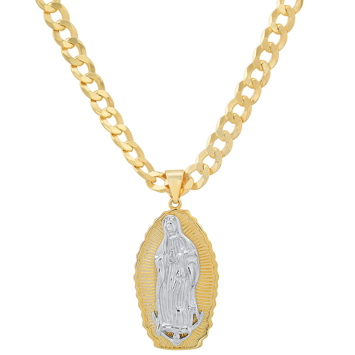 Unisex Two Tone 14K Gold Plated And Sterling Silver Our Lady Guadalupe Pendant