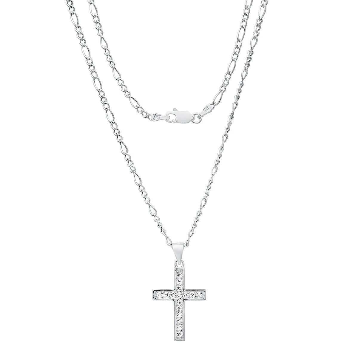 Unisex Sterling Silver Figaro Chain Necklace And Simulated Diamonds Cross Pendant