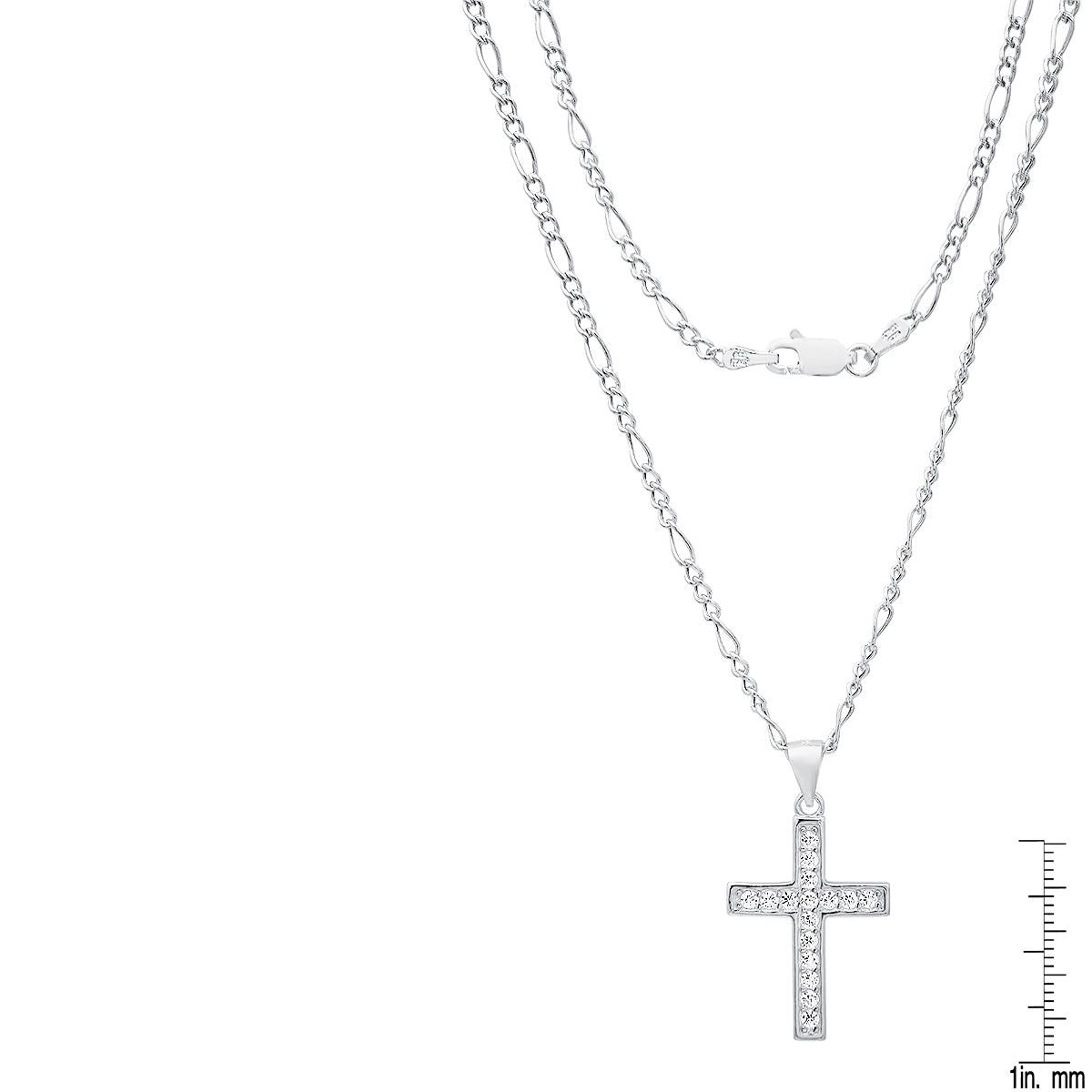 Unisex Sterling Silver Figaro Chain Necklace And Simulated Diamonds Cross Pendant
