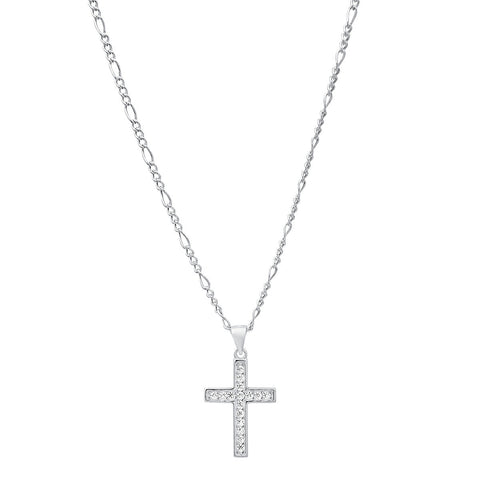 Unisex Sterling Silver Figaro Chain Necklace And Simulated Diamonds Cross Pendant