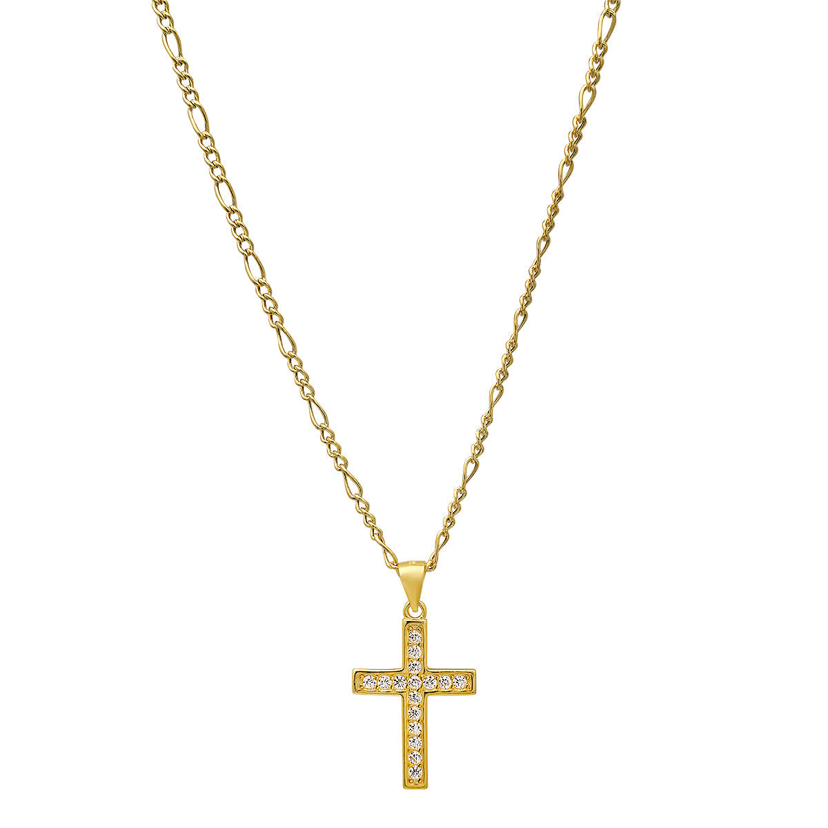 Unisex Sterling Silver Figaro Chain Necklace And Simulated Diamonds Cross Pendant