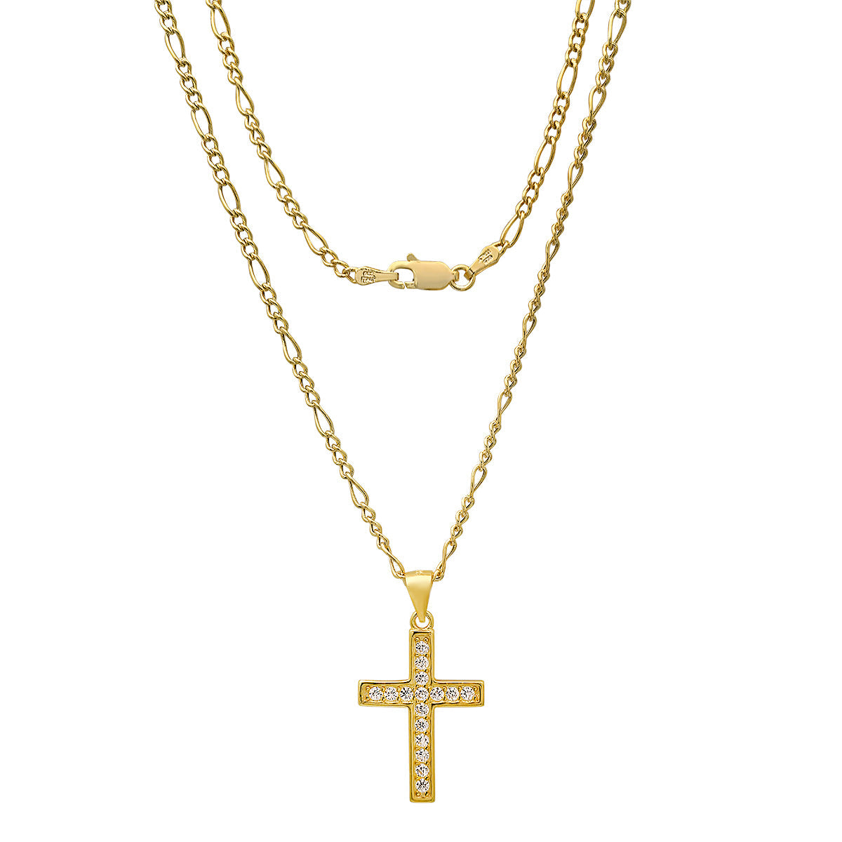 Unisex Sterling Silver Figaro Chain Necklace And Simulated Diamonds Cross Pendant