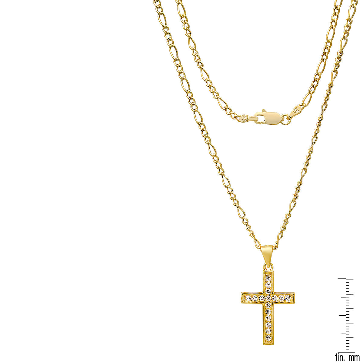 Unisex Sterling Silver Figaro Chain Necklace And Simulated Diamonds Cross Pendant