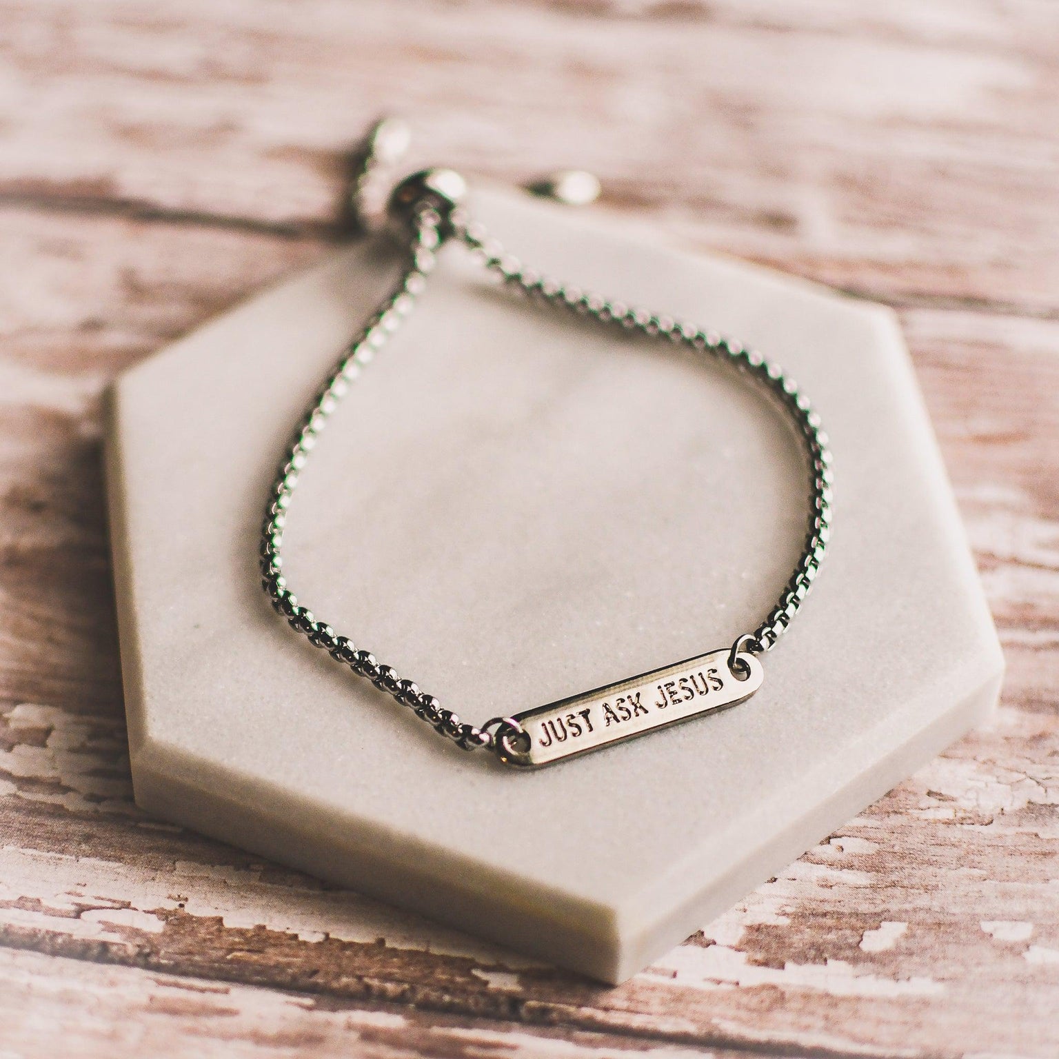 Just Ask Jesus Silver Bar Slider Bracelet