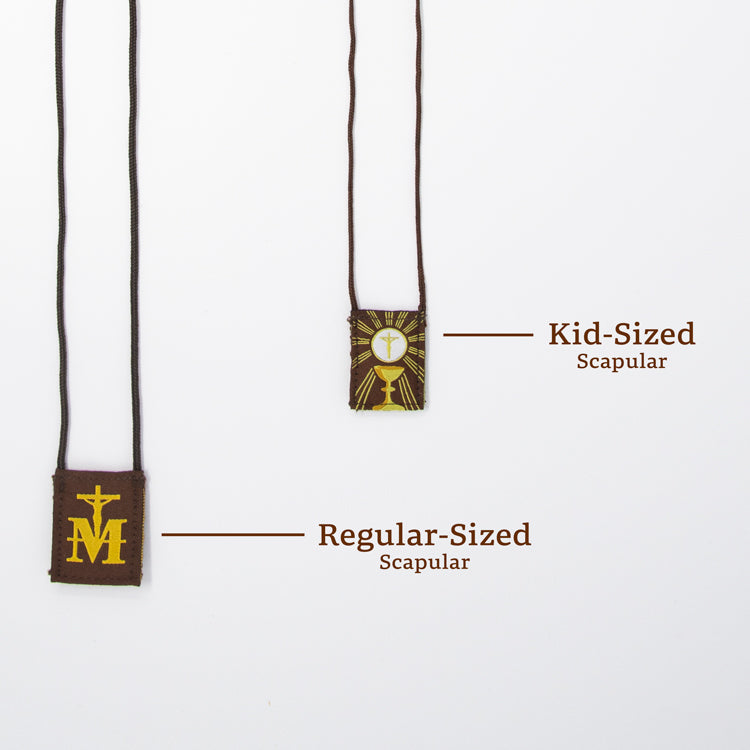 Premium Brown Scapular, Brown & Gold, Eucharist (Kids’ Size)