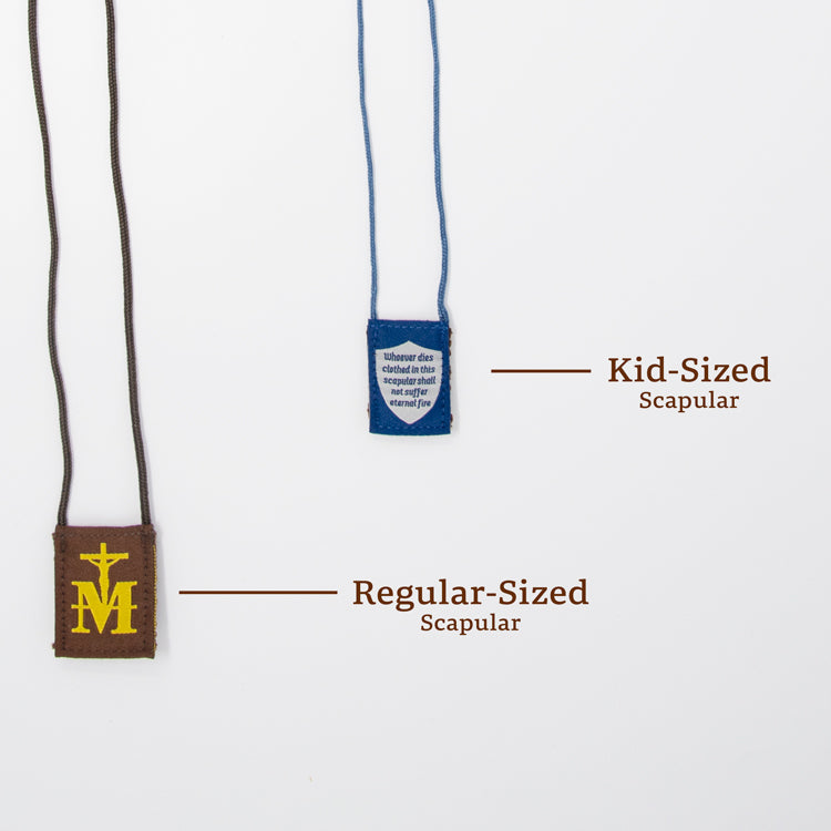 Premium Brown Scapular, Blue & White, Shield (Kids’ Size)