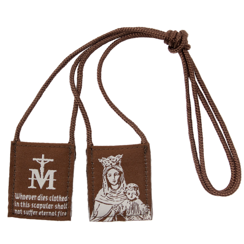 Premium Brown Scapular, Brown & Cream, Our Lady of Mt. Carmel with Promise