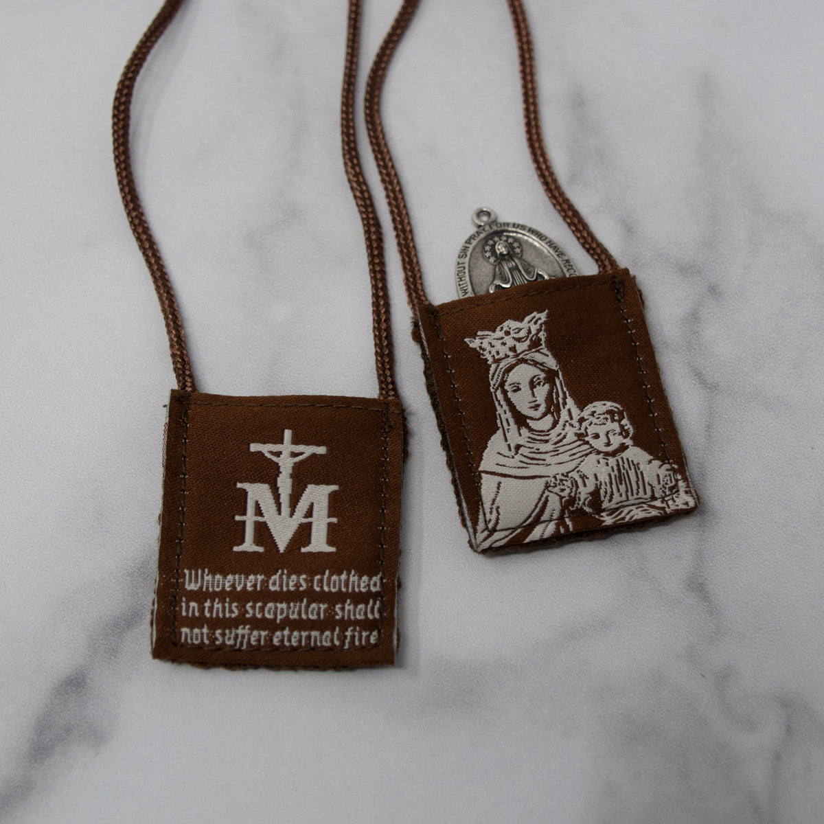 Premium Brown Scapular, Brown & Cream, Our Lady of Mt. Carmel with Promise