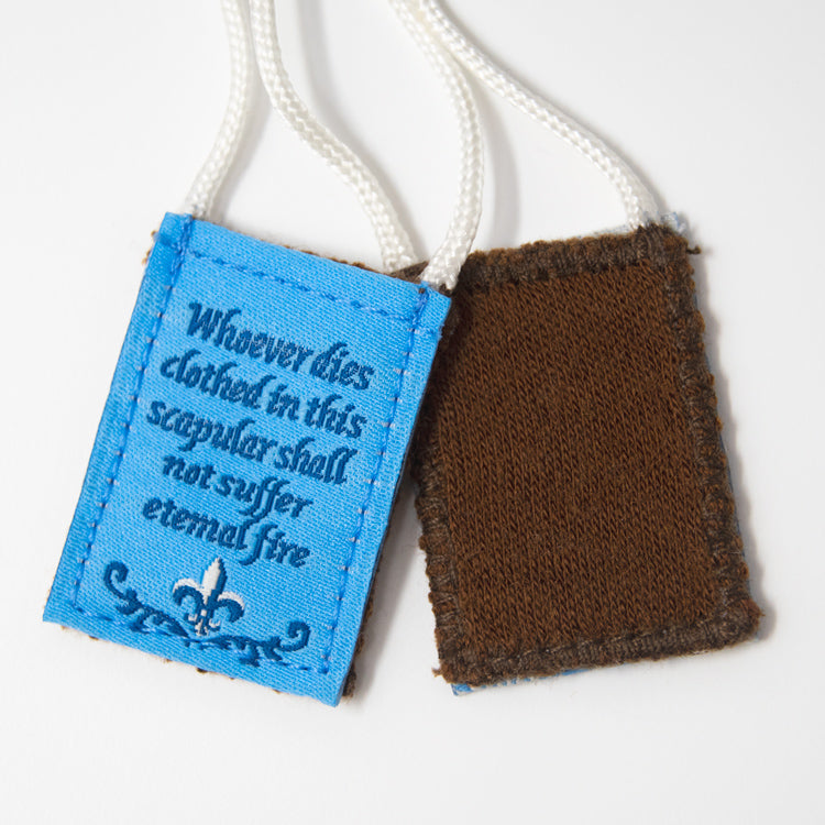 Premium Brown Scapular, Blue & White, Our Lady of Mt. Carmel (Kids’ Size)