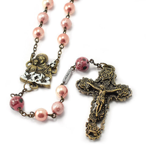 Saint Anthony Rosary in Antique Bronze and Pink Bohemian Glass Beads by Ghirelli