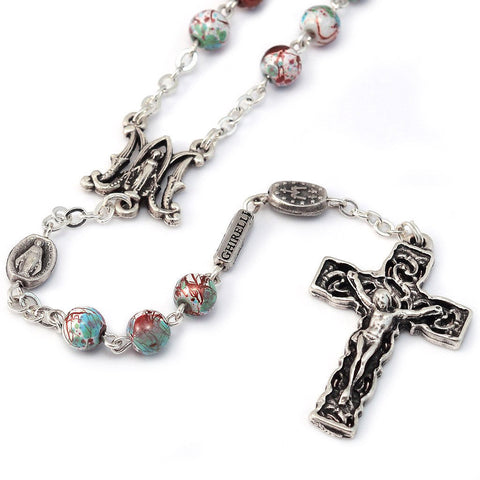 Miraculous Medal Crimson & Mint Marbled Bead Silver Rosary