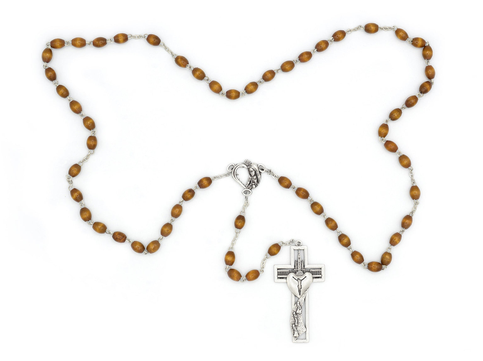 Fatima Basilica of Our Lady of the Rosary, Antique Silver Finish with Oval Natural Wood Beads