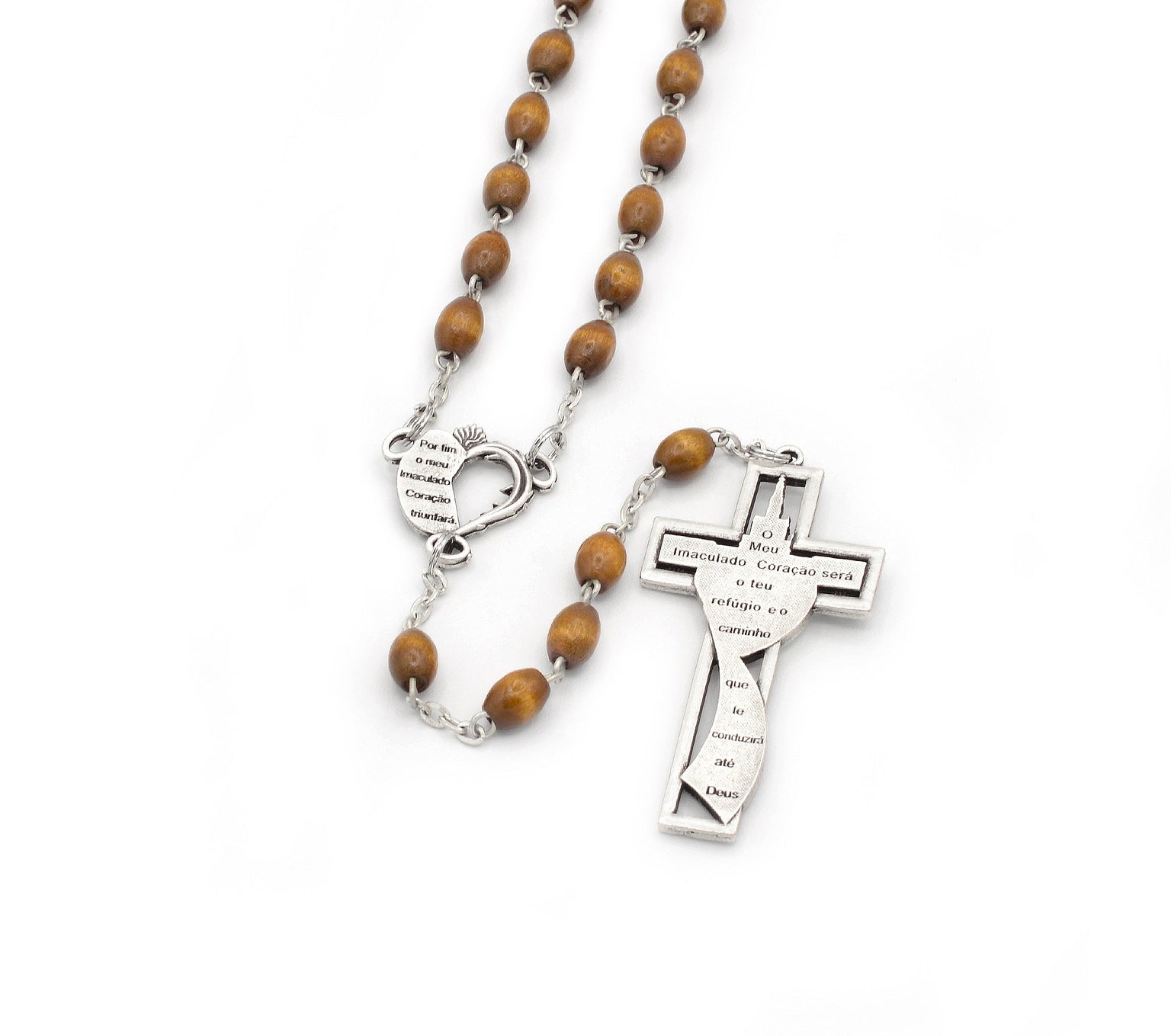 Fatima Basilica of Our Lady of the Rosary, Antique Silver Finish with Oval Natural Wood Beads