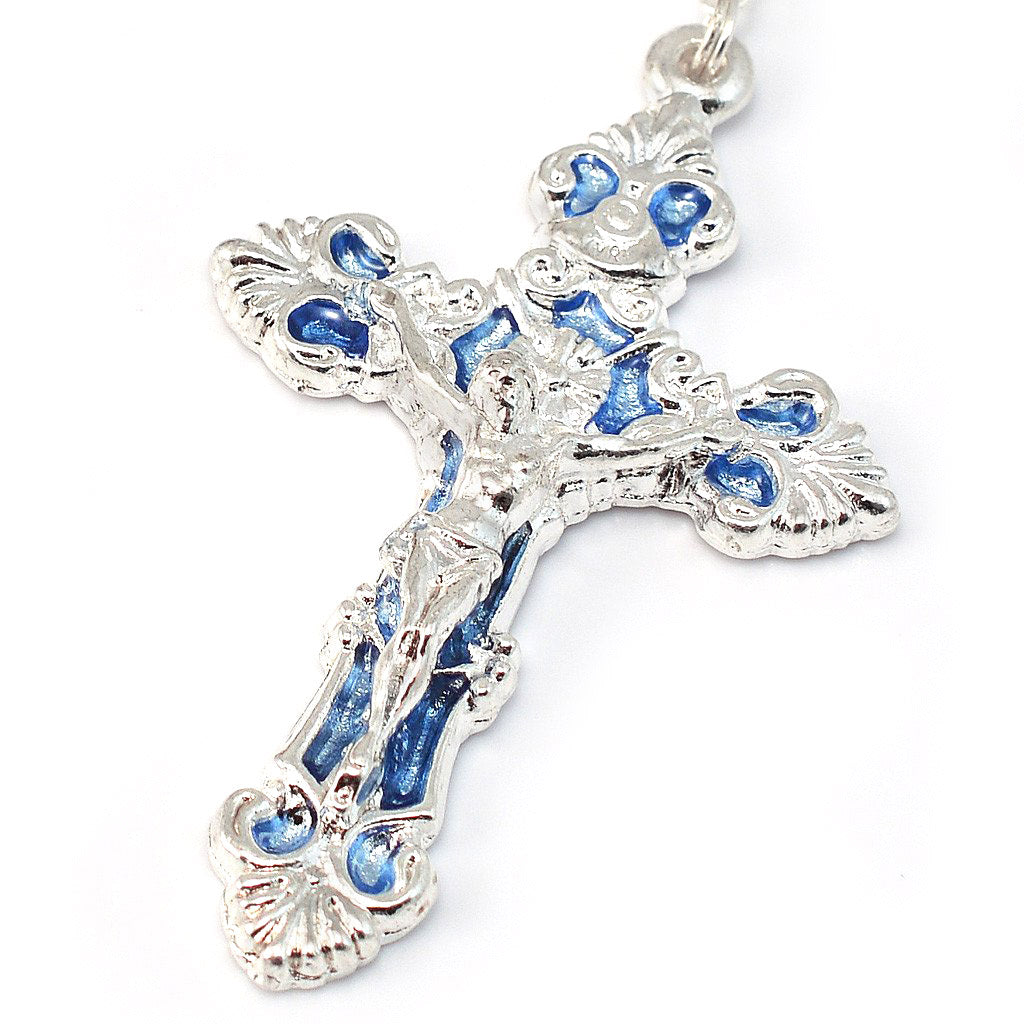 Miraculous Medal Sky Blue Enamel & Polished Silver Rosary