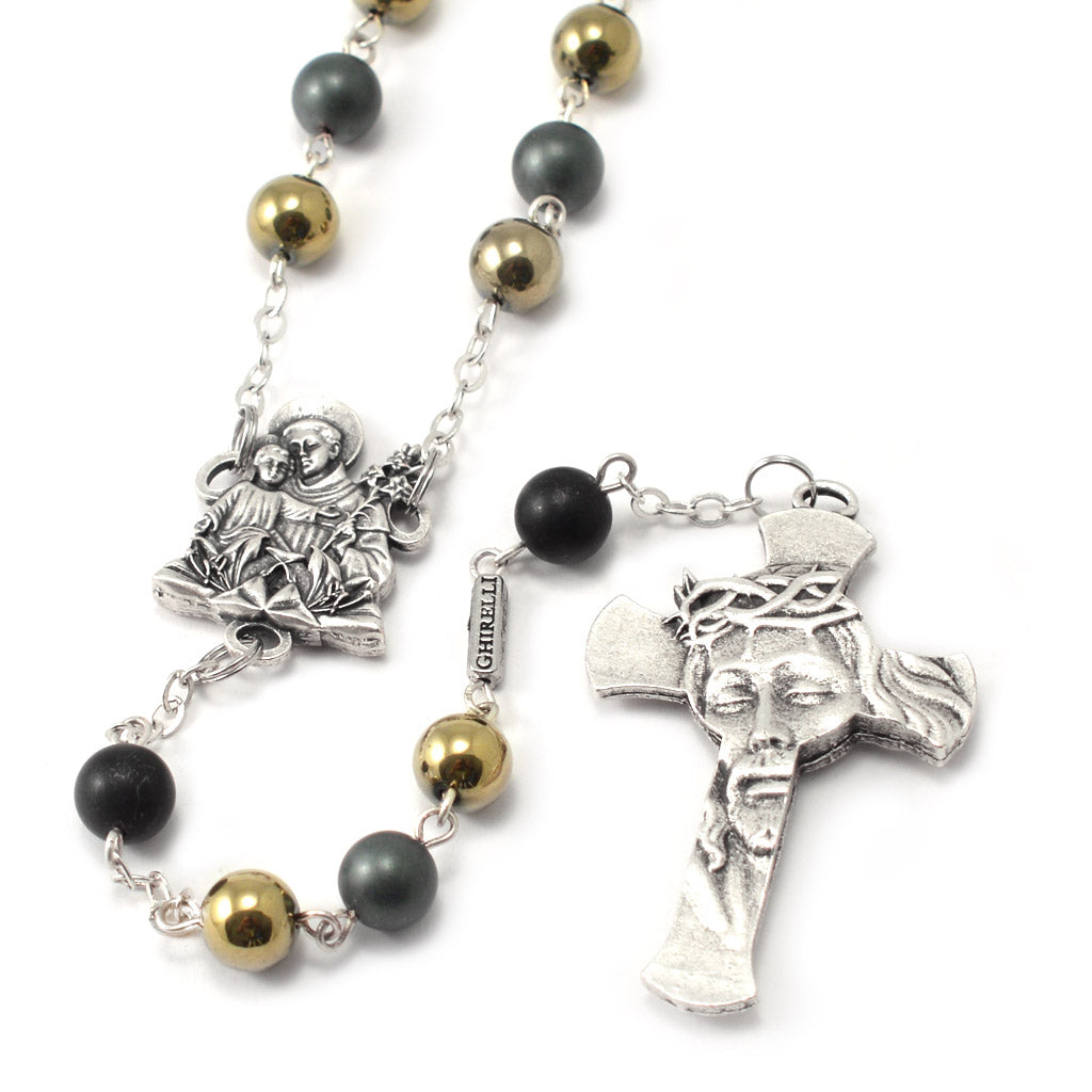 Saint Anthony Rosary in Antique Silver and Hematite Beads