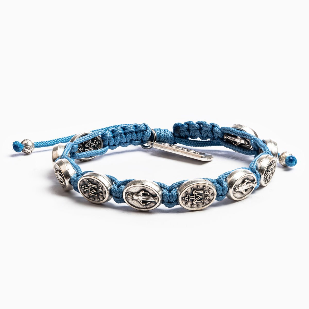 MIraculous Mary Medal Woven Blessing Bracelet Prayer Chaplet in Marian blue cording with ten silver tone medals