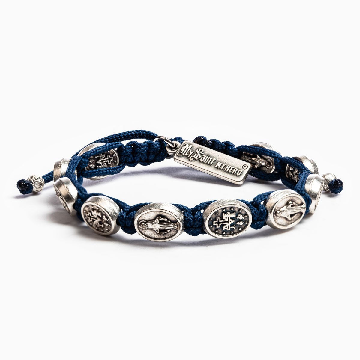 Navy Cording and Miraculous Medals Blessing Bracelet and a My Saint My Hero charm tag