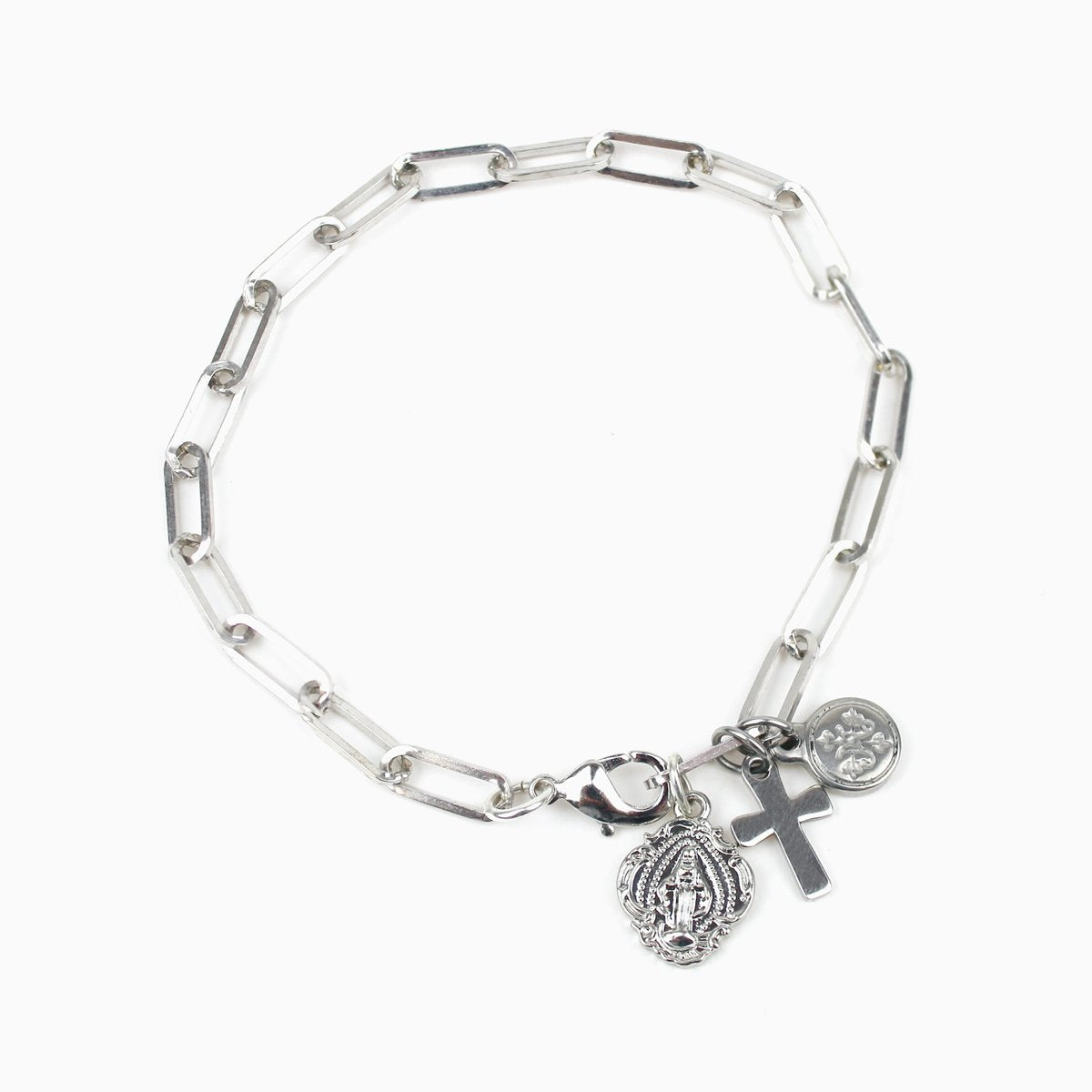 Iron-based Stainless Steel Link Consecration Bracelet with Miraculous Medal and Silver Tone Cross