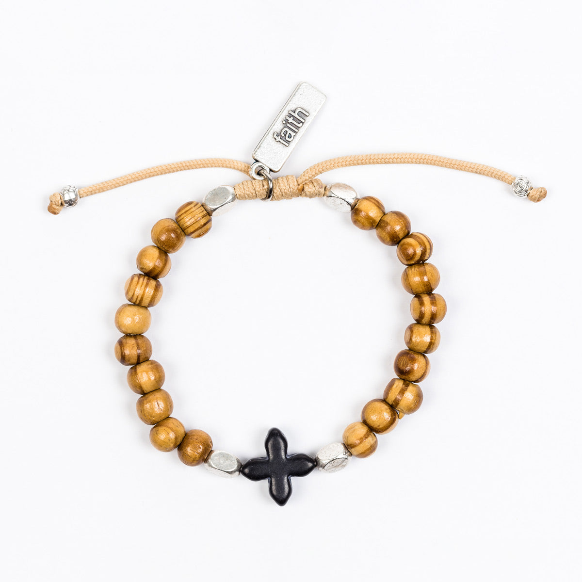 New Grounded in Faith Black Howlite Cross Wood Bead Blessing Bracelet with silver-tone Faith Tag handwoven tan cording