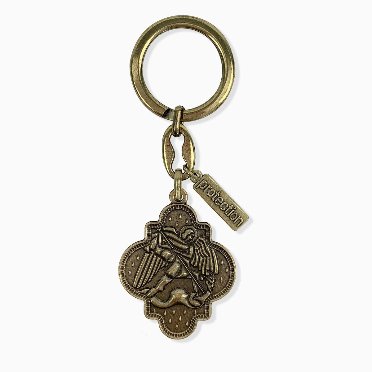 Archangel Michael Armor of Protection Keyring, bronze tone with a protection charm tag