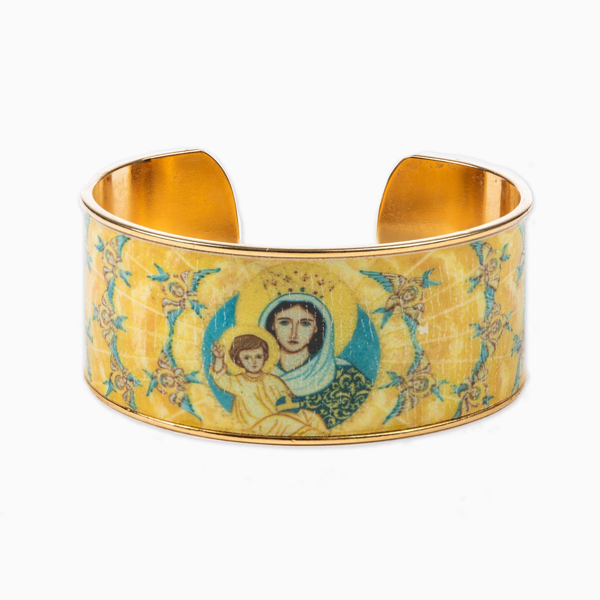 Magnificat Sacred Icon Cuff Mother Mary holds baby Jesus in the golden light of heaven, surrounded by seraphim angels