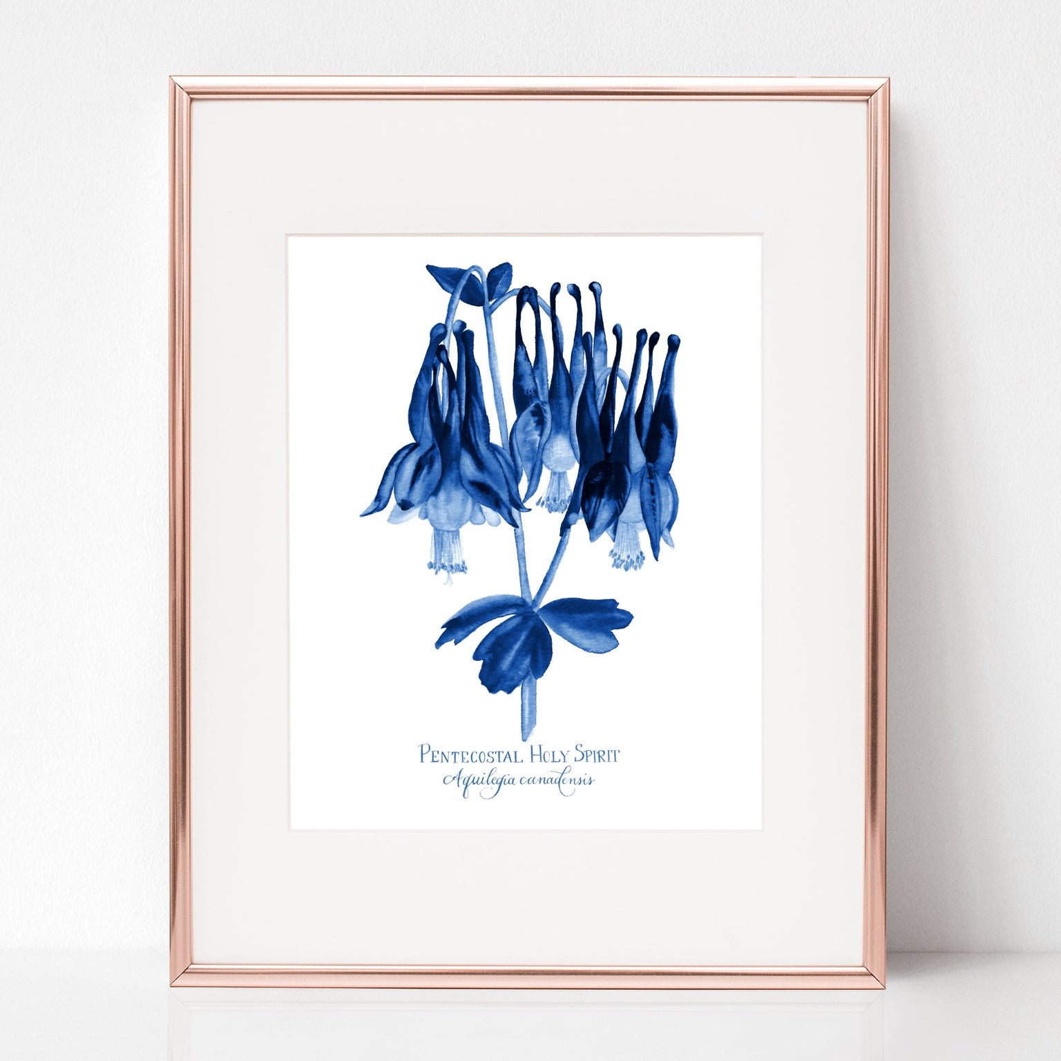 The Descent of the Holy Spirit, Pentecostal Holy Spirit, Aquilegia canadensis Print in Blue