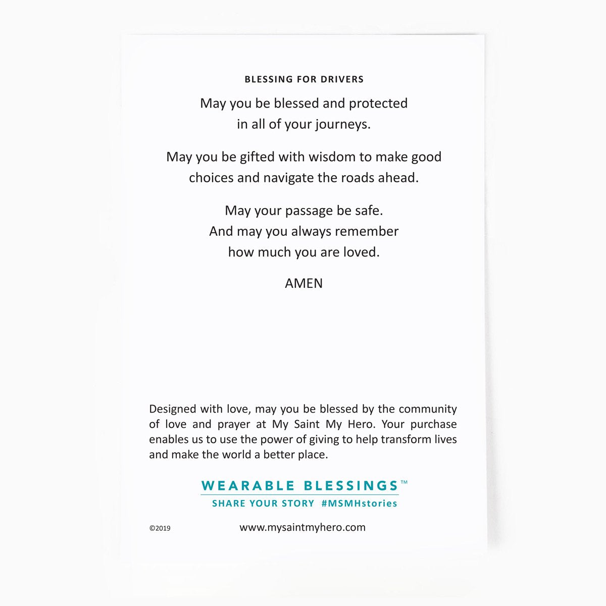 The back of the Key Ring Card with a Blessing Prayer for Drivers